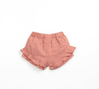 
              Coral Pink Linen Frill Leg Shorts
            