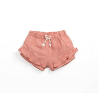 
              Coral Pink Linen Frill Leg Shorts
            