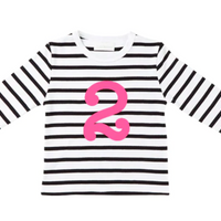 White Black Breton Striped Number Long Sleeved T-Shirt (Pink Number) 2Y